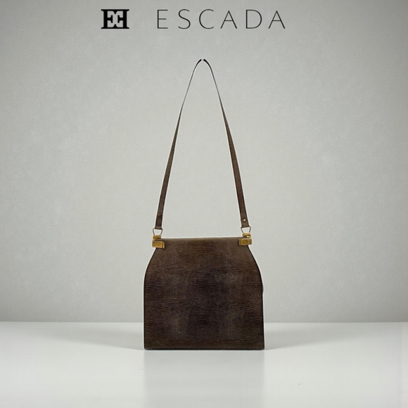 Escada Handbags - Vintage ESCADA Genuine Lizard Exotic Leather Shoulder Bag Brown Gold Hardware